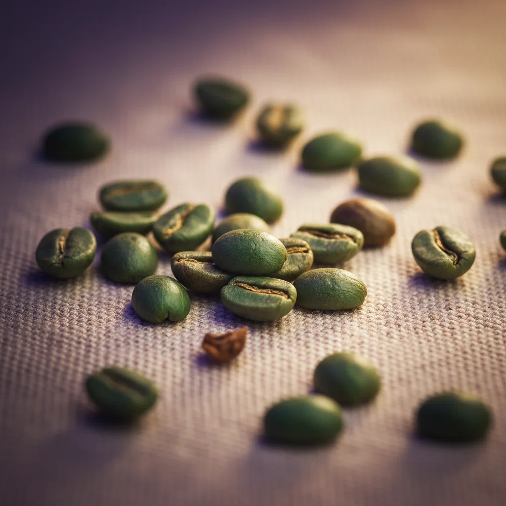 Whole green coffee beans scattered on a linen surface - green coffee bean extract supplement