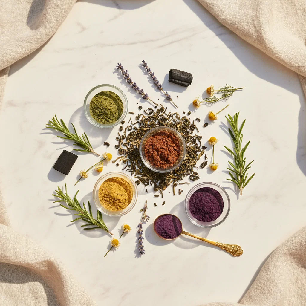 Flat lay of botanical plant extracts and dried green tea leaves - green tea extract supplement benefits