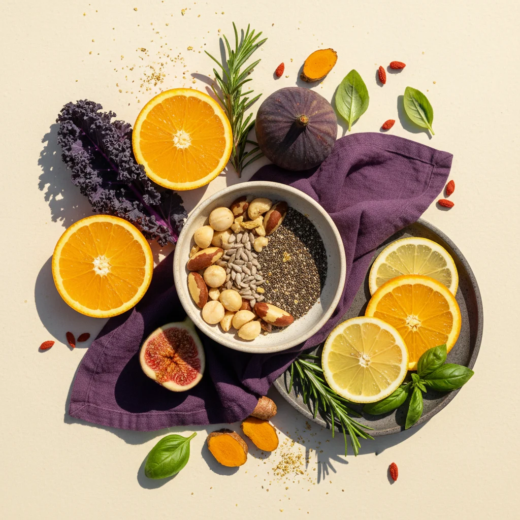 Overhead shot of chromium and zinc-rich foods - fruits, herbs and seeds for metabolic support