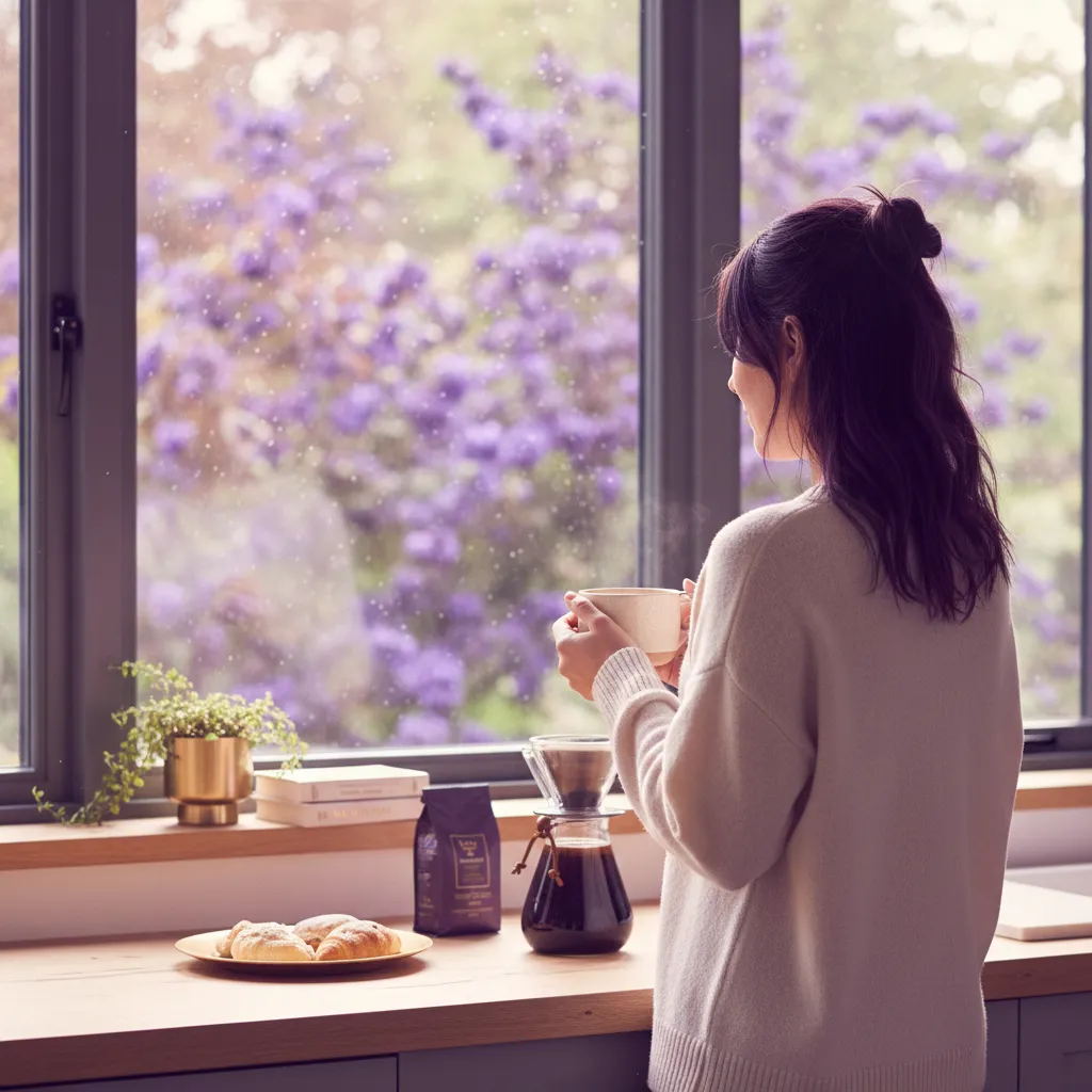 Person from behind enjoying a morning coffee by a window - morning metabolic wellness routine