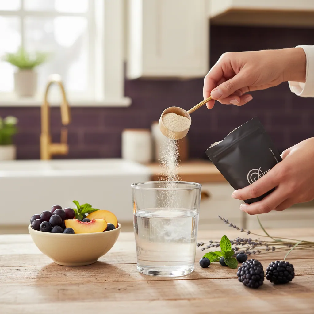 Hands preparing a supplement drink in a bright kitchen - food supplement for metabolic support