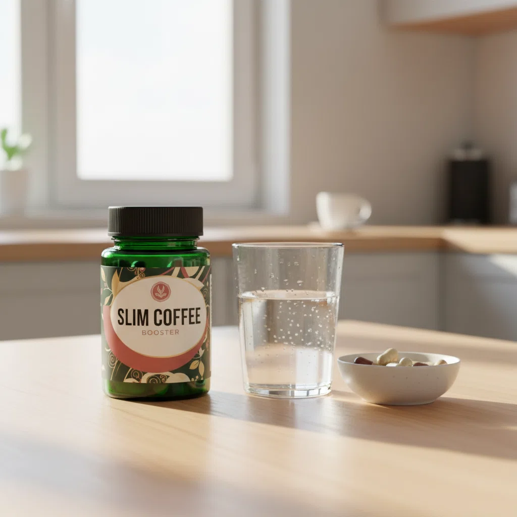 Slim Coffee Booster box on oak surface with coffee cup